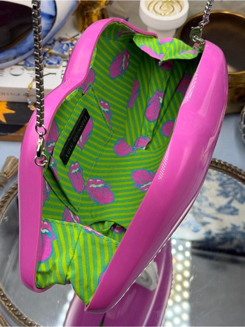 🆕 LULU GUINNESS 🧿 NWOT X ROLLING STONES Iconic Lips Perspex Clutch, Hot Pink - Picture 8 of 15